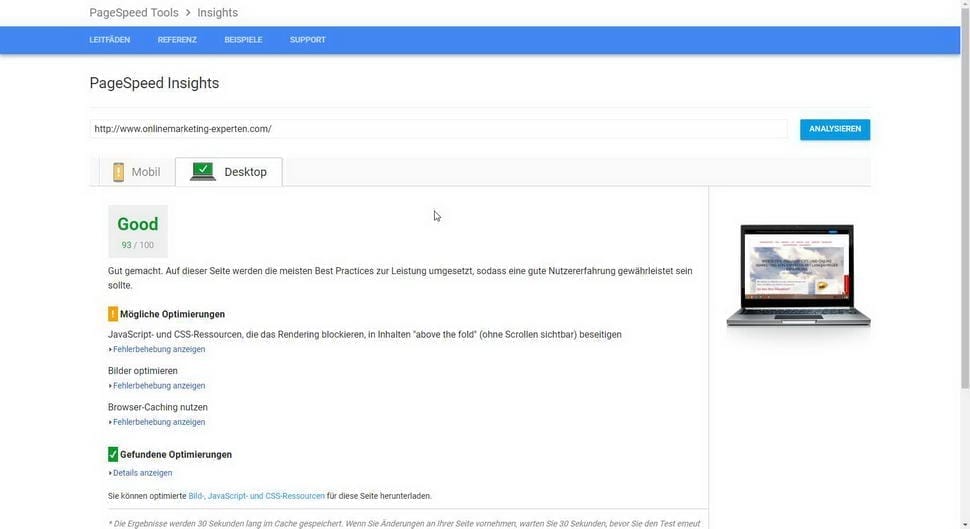 Google Pagespeed Desktop nach Optimierung