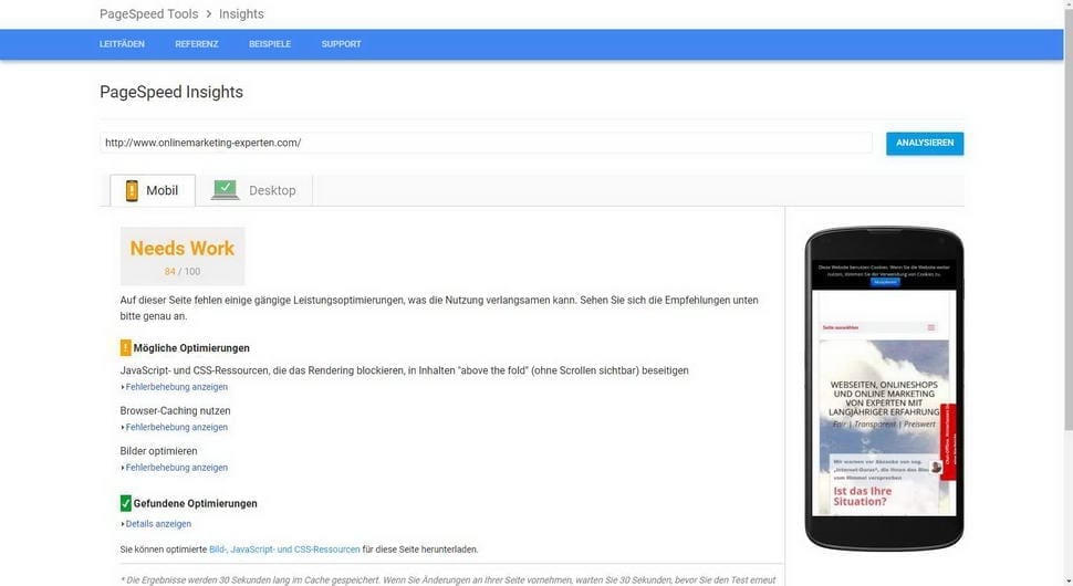Google Pagespeed Mobile nach Optimierung