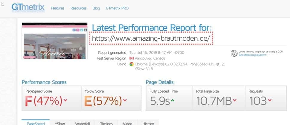 Webseiten-Speed-Test amazing-brautmoden